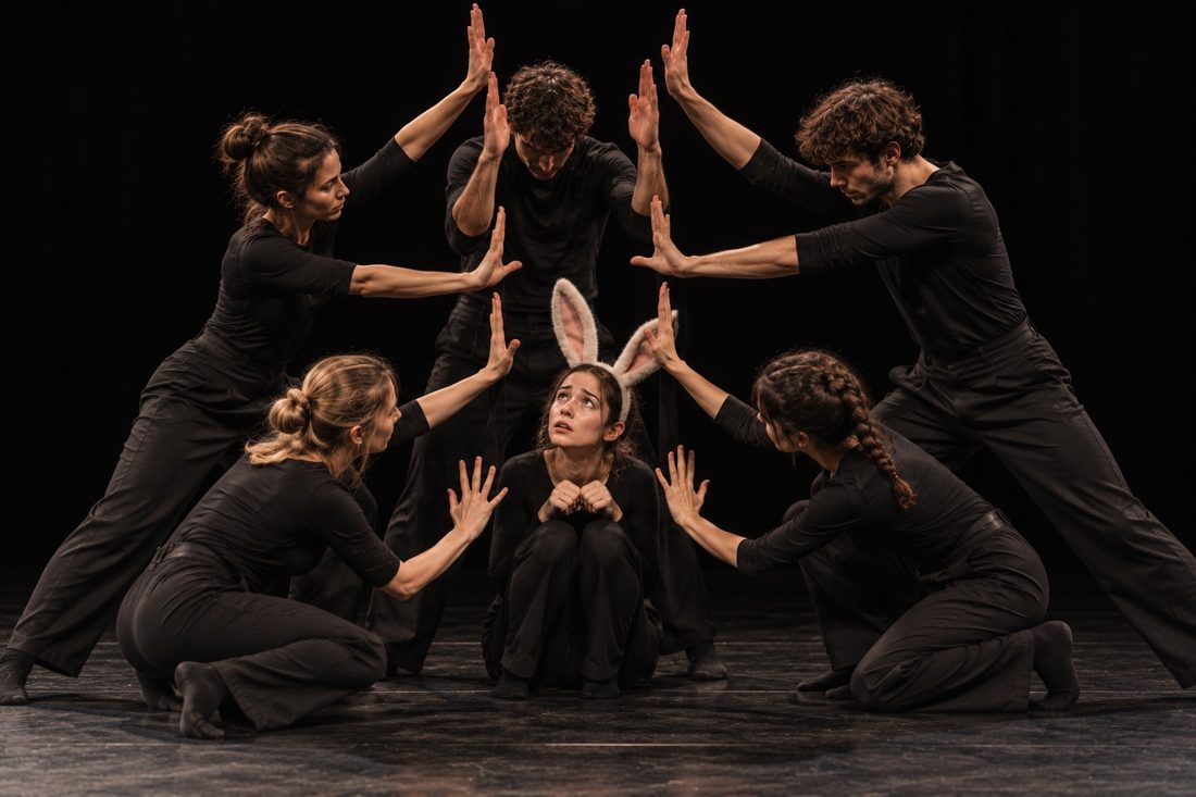 Actors in black form a living cage around Kahlo wearing rabbit ears